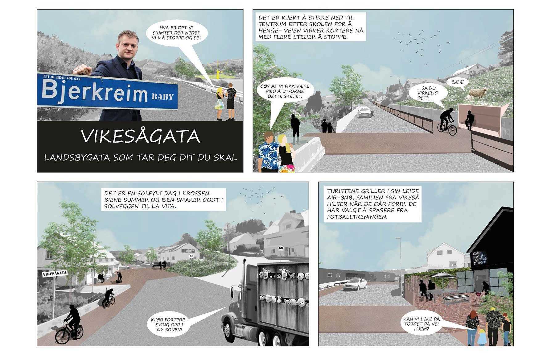 Utsnitt fra tegneserie om utviklingspotensialet i Vikeså, Team Oppopp, KAP, Atsite og Multiconsult.