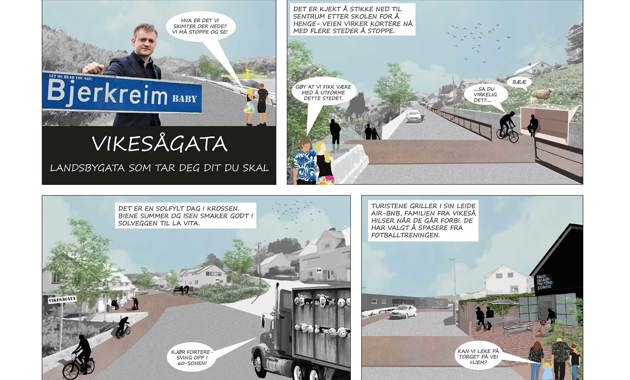 Utsnitt fra tegneserie om utviklingspotensialet i Vikeså, Team Oppopp, KAP, Atsite og Multiconsult.