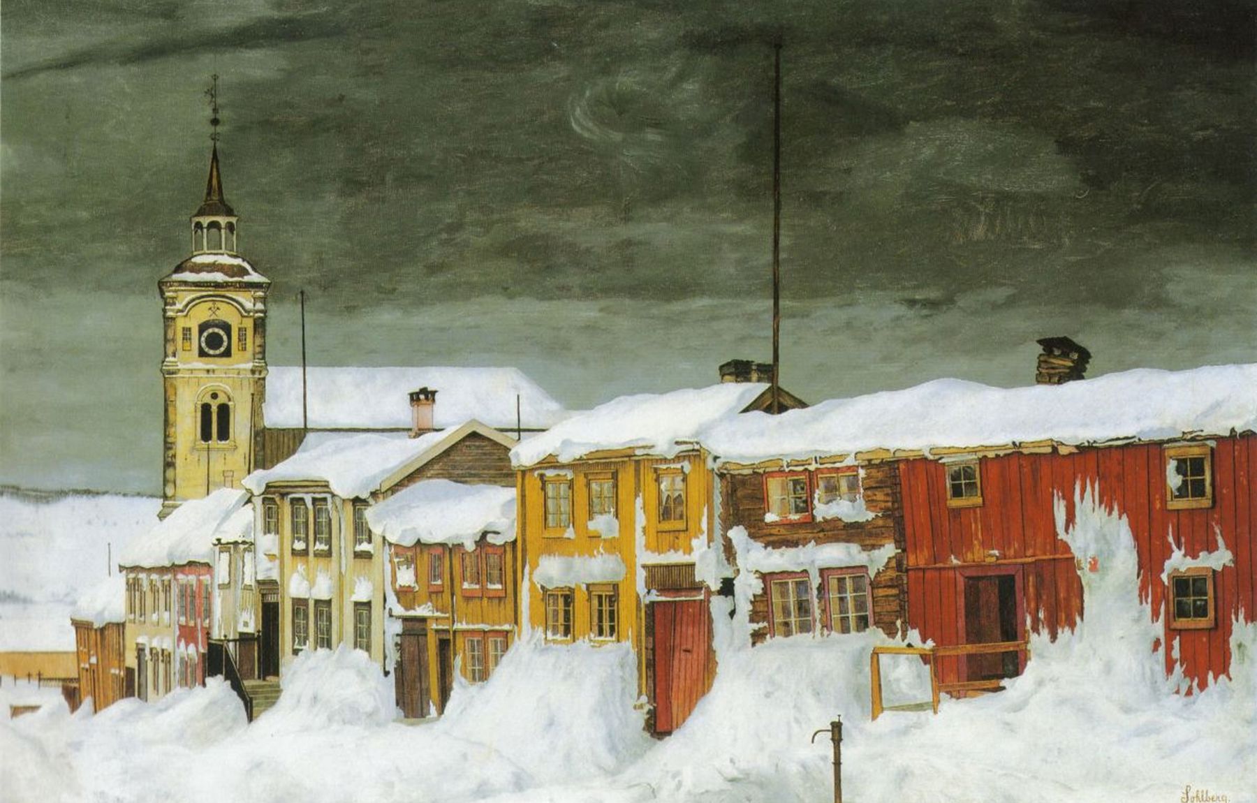 Gate i Røros, maleri av Harald Sohlberg, (public domain, via Wikimedia Commons)