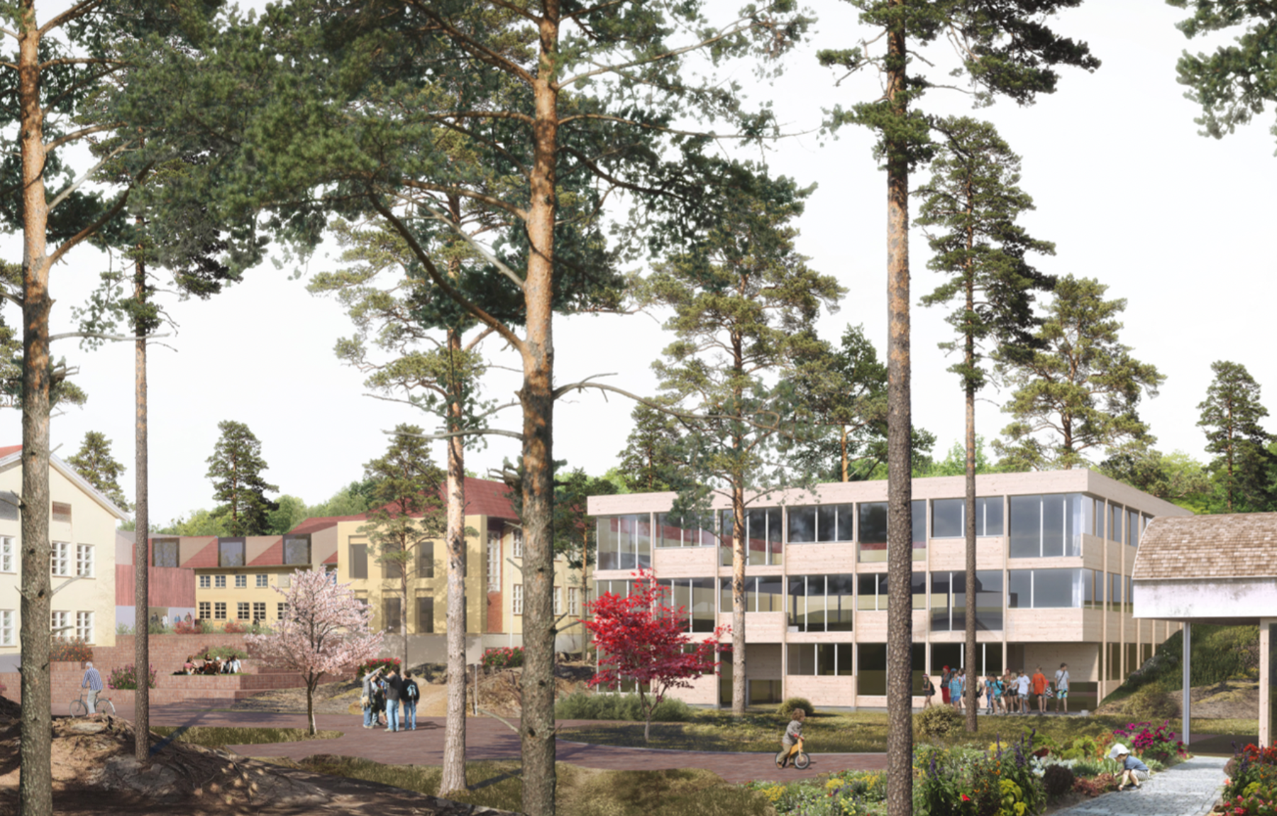 Ny barneskole, speiderhus og barnebondegård med Barneskolen borettslag i Nord. Illustrasjon: Lie Øyen