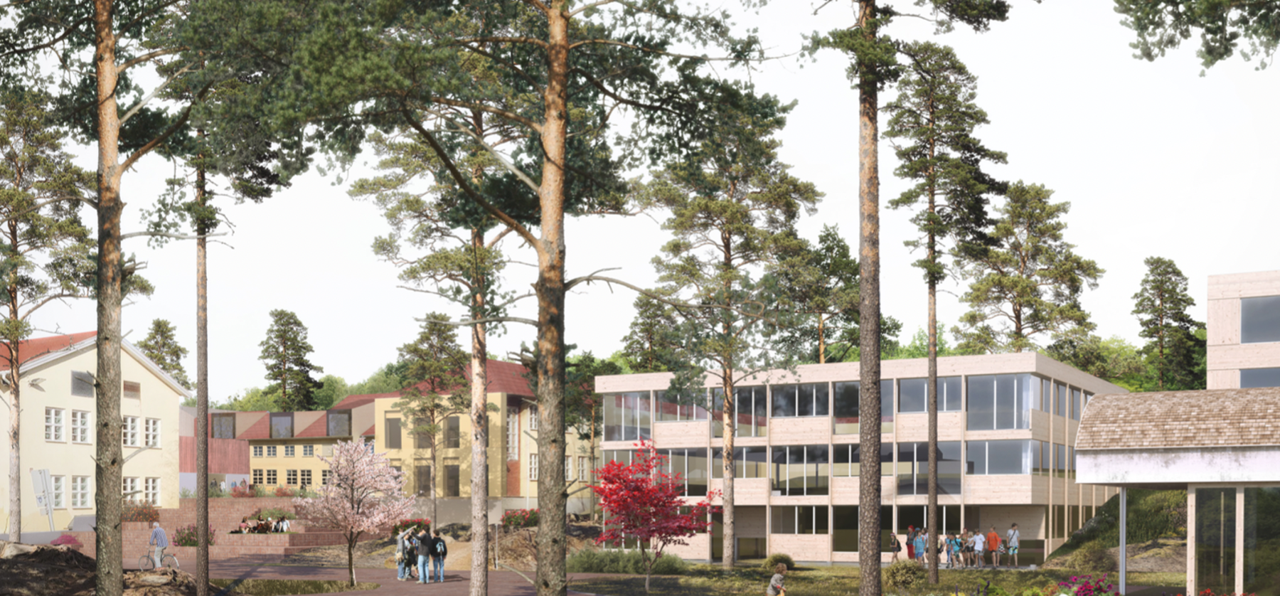 Ny barneskole, speiderhus og barnebondegård med Barneskolen borettslag i Nord. Illustrasjon: Lie Øyen