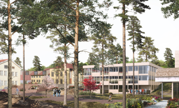 Ny barneskole, speiderhus og barnebondegård med Barneskolen borettslag i Nord. Illustrasjon: Lie Øyen