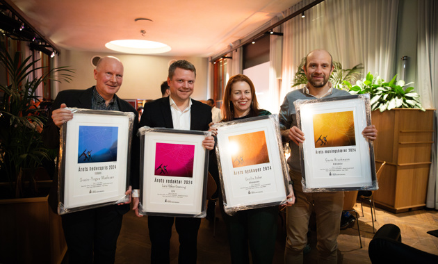 Årets redaktører i Oslo og Akershus: Svein-Yngve Madssen, LO Media (Årets hederspris), Lars Håkon Grønning, E24 (Årets redaktør), Cecilie Asker, Aftenposten (Årets nyskaper), og Gaute Brochmann, Arkitektur (Årets meningsbærer). Foto: Petter Berntsen, NTB