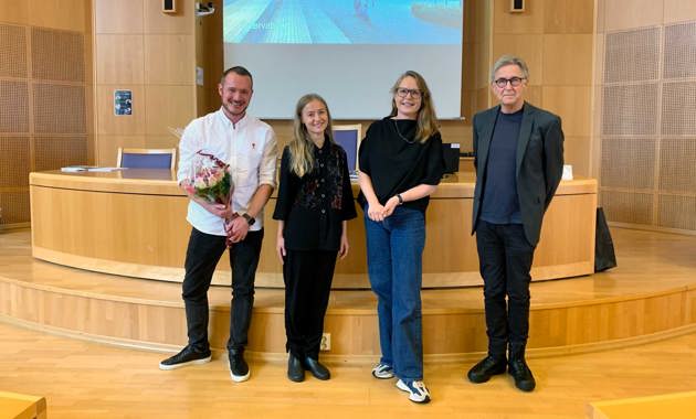 Konkurransevinnere og samarbeidspartner, fra venstre: Andreas Nordström, konkurransesjef og ansvarlig arkitekt (Link arkitektur), Selma Zosel, arkitekt (Link arkitektur), Erle Stenberg, landskapsarkitekt (Link arkitektur) og Nils Forsén, ingeniør (eget firma). Foto: NAL