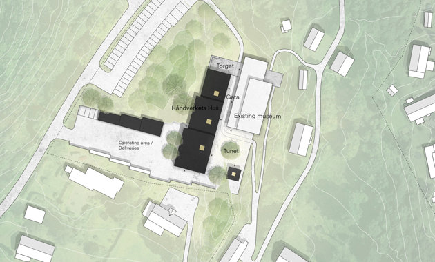 Situasjonsplan fra konkurransens vinnerprosjekt "Håndverkets hus" av Resell+Nicca / Arkitekt Aslak Haanshuus AS