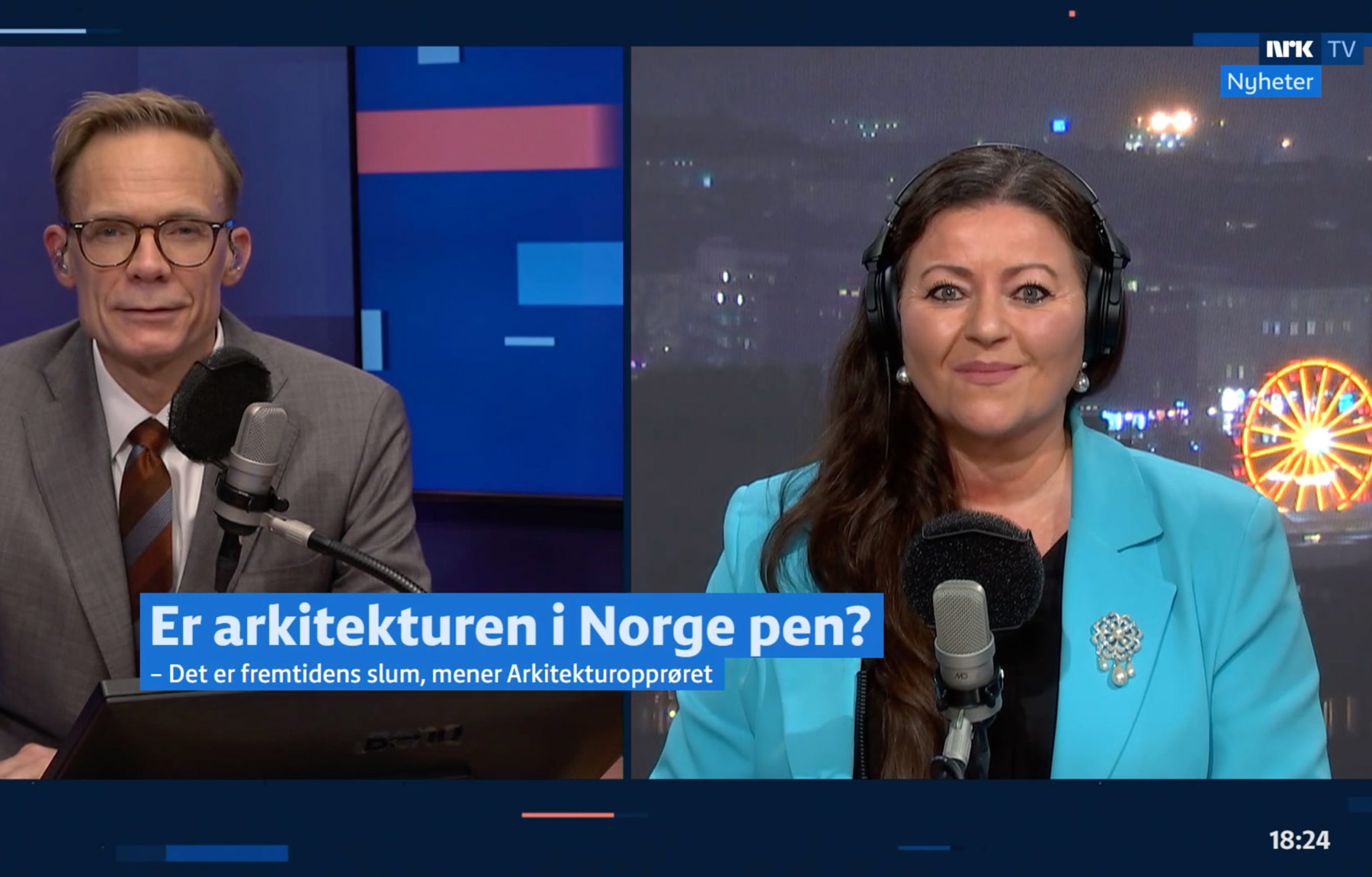 Dagsnytt 18-programleder Espen Aas og NAL-president Tina Larsen. Skjermdump fra nrk.no.