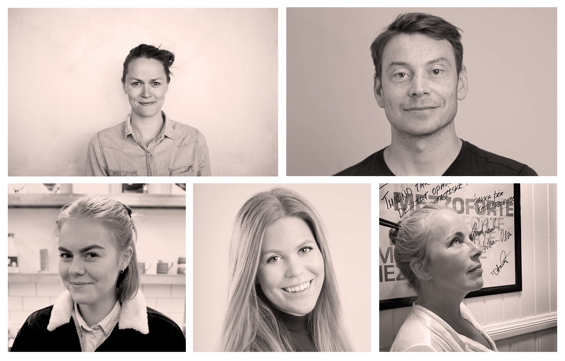 Fotocollage. Øverst f.v.: Lise Fadnes og Jostein Øygarden Gundersen. Under f.v.: Ulrikke Eliassen, Idunn Sanden og Charlotte Hyldahl