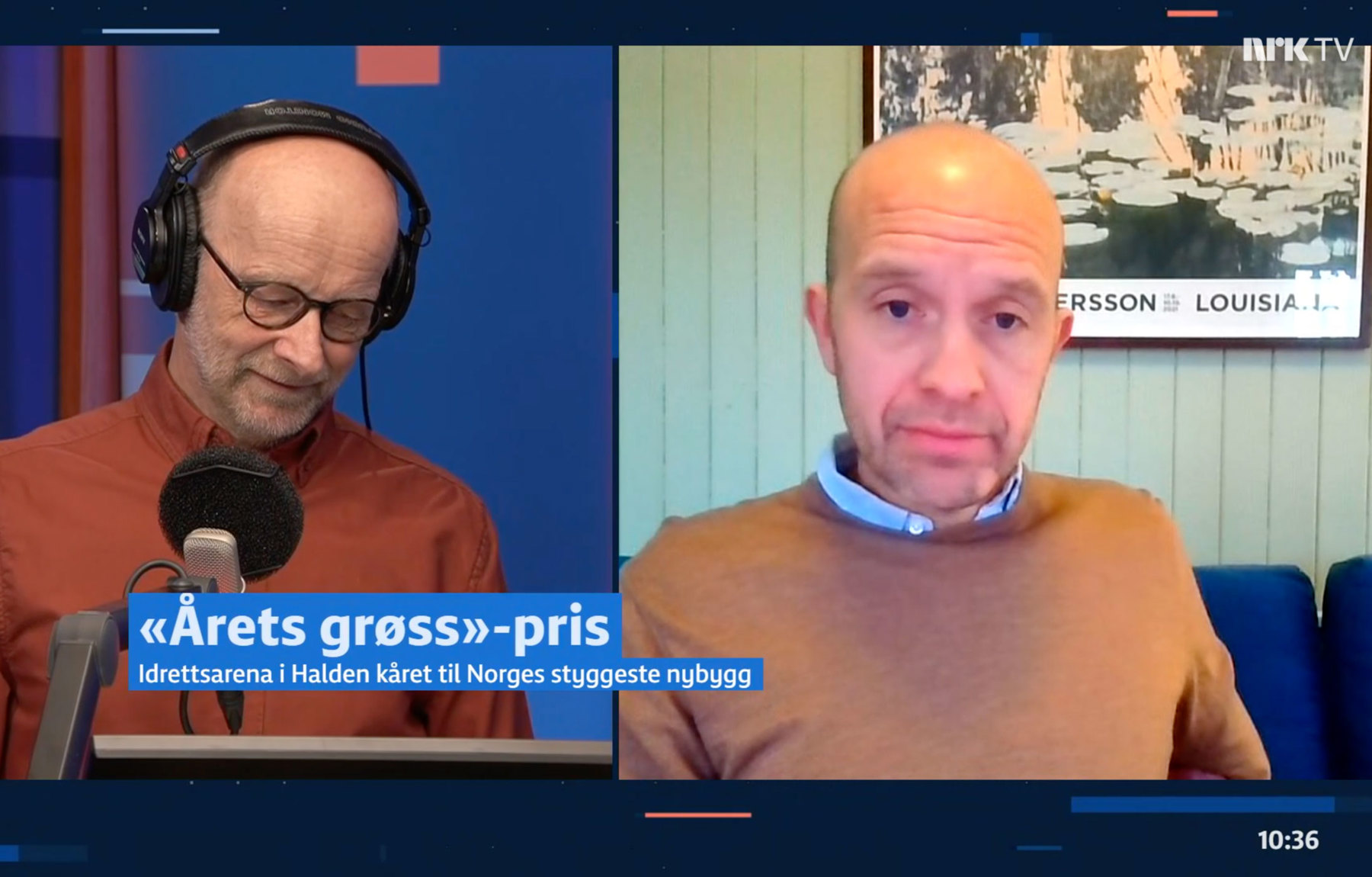 Helgemorgen-programleder Arne Egil Tønset og Arkitektur-redaktør Gaute Brochmann. Skjermdump fra nrk.no.