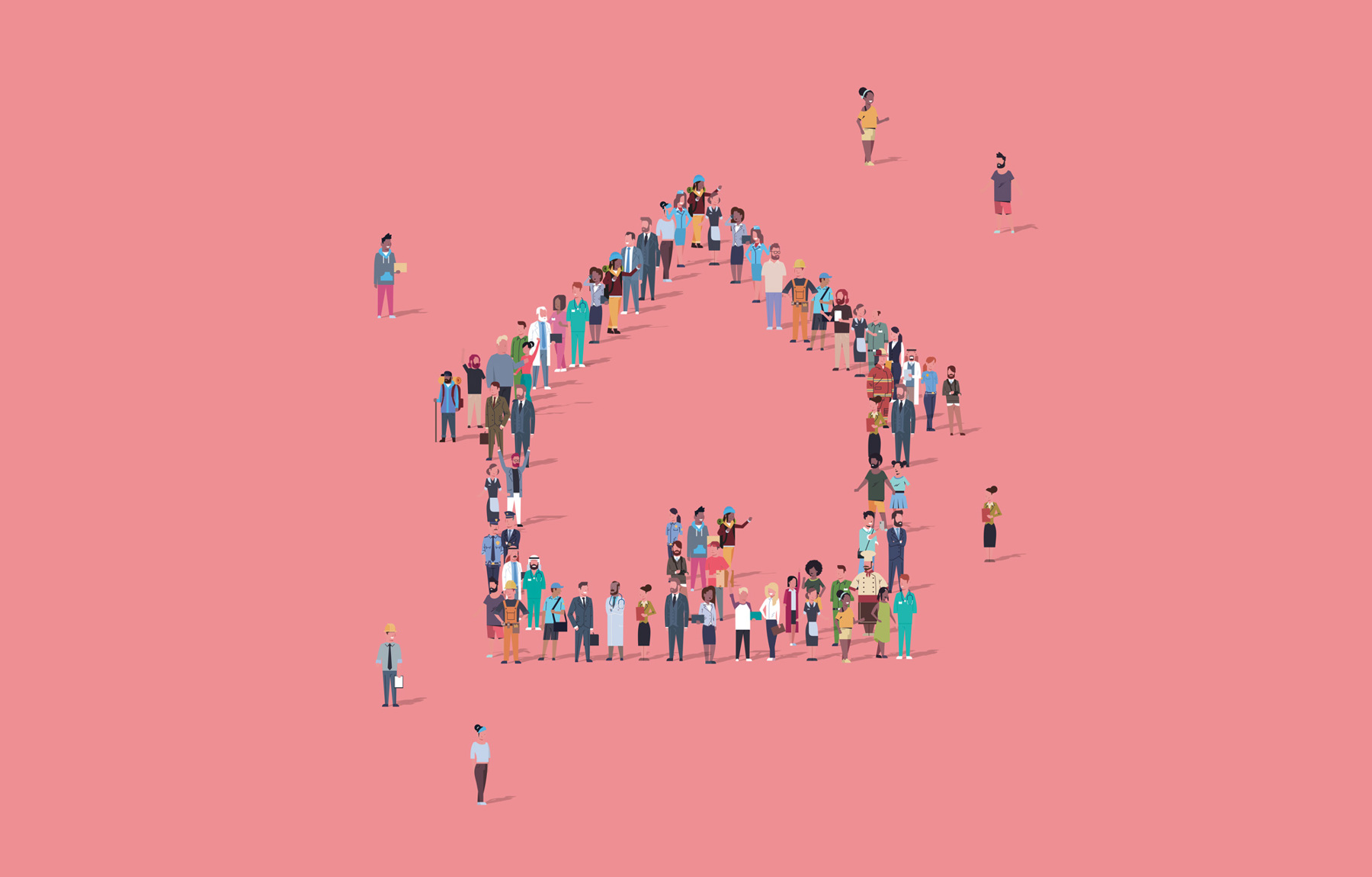 Illustrasjon av folk som danner hus