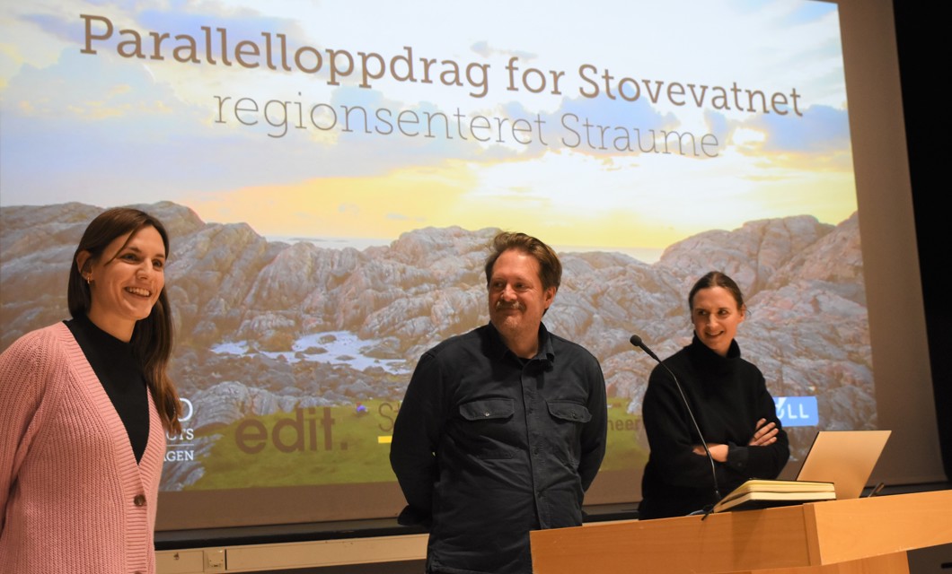 f.v. Ragnhild Pedersen Foss, Arkitekt MNAL fra (edit), Johannes Pedersen (Nord), Mari Proll Lien (Nord) Foto: Øygarden kommune